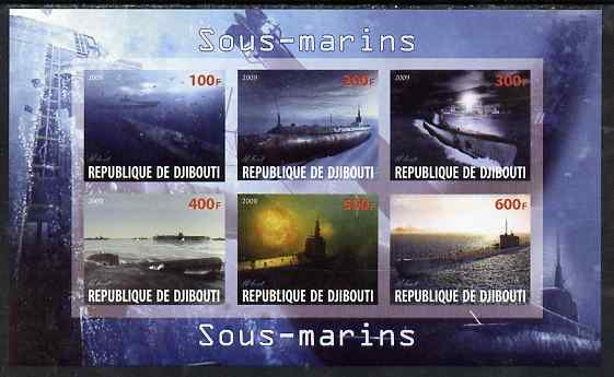 Djibouti 2009 Submarines imperf sheetlet containing 6 values unmounted mint, stamps on ships, stamps on submarines