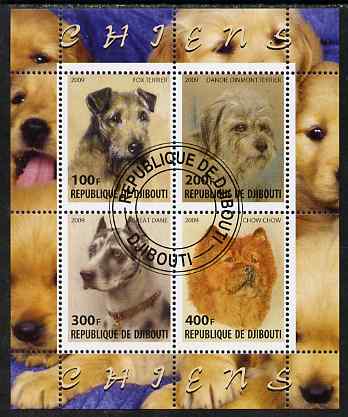 Djibouti 2009 Dogs perf sheetlet containing 4 values fine cto used, stamps on dogs, stamps on fox terrier, stamps on dane, stamps on chow, stamps on 