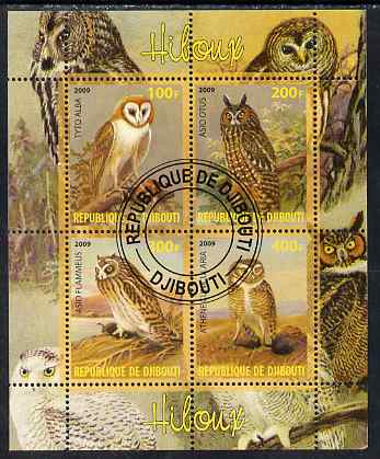 Djibouti 2009 Owls perf sheetlet containing 4 values fine cto used, stamps on birds, stamps on birds of prey, stamps on owls