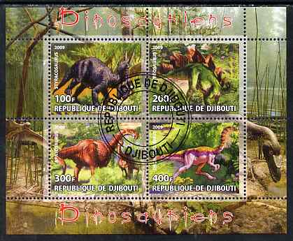 Djibouti 2009 Dinosaurs perf sheetlet containing 4 values fine cto used, stamps on dinosaurs