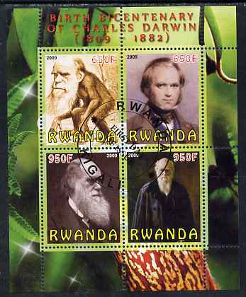 Rwanda 2009 Birth Bicentenary of Charles Darwin perf sheetlet containing 4 values fine cto used, stamps on personalities, stamps on darwin, stamps on apes, stamps on science