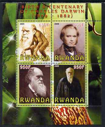 Rwanda 2009 Birth Bicentenary of Charles Darwin perf sheetlet containing 4 values unmounted mint, stamps on personalities, stamps on darwin, stamps on apes, stamps on science