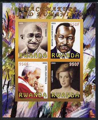 Rwanda 2009 Peacemakers & Humanists #1 imperf sheetlet containing 4 values (Gandhi, Martin Luther King, Pope John Paul & Diana) unmounted mint, stamps on personalities, stamps on gandhi, stamps on king, stamps on luther king, stamps on pope, stamps on diana, stamps on royalty