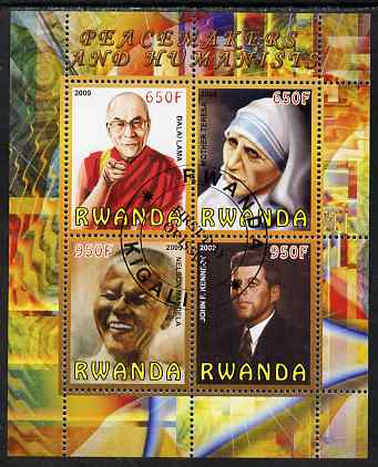 Rwanda 2009 Peacemakers & Humanists #2 perf sheetlet containing 4 values (Dalai Lama, Mother Teresa, N Mandela & Kennedy) fine cto used, stamps on personalities, stamps on teresa, stamps on nobel, stamps on mandela, stamps on kennedy, stamps on usa presidents, stamps on americana