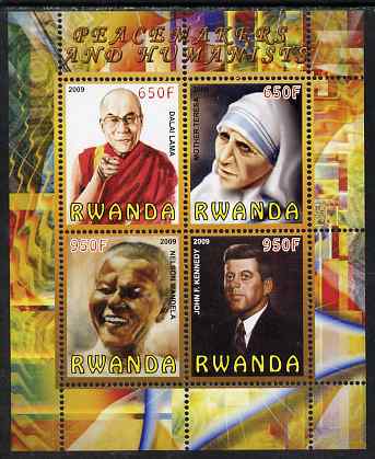 Rwanda 2009 Peacemakers & Humanists #2 perf sheetlet containing 4 values (Dalai Lama, Mother Teresa, N Mandela & Kennedy) unmounted mint, stamps on personalities, stamps on teresa, stamps on nobel, stamps on mandela, stamps on kennedy, stamps on usa presidents, stamps on americana