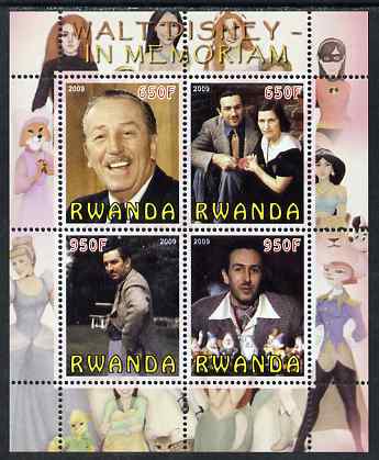Rwanda 2009 In Memoriam - Walt Disney perf sheetlet containing 4 values unmounted mint, stamps on personalities, stamps on disney, stamps on movies, stamps on cinema, stamps on cartoons, stamps on films