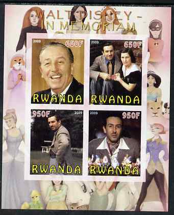 Rwanda 2009 In Memoriam - Walt Disney imperf sheetlet containing 4 values unmounted mint, stamps on personalities, stamps on disney, stamps on movies, stamps on cinema, stamps on cartoons, stamps on films