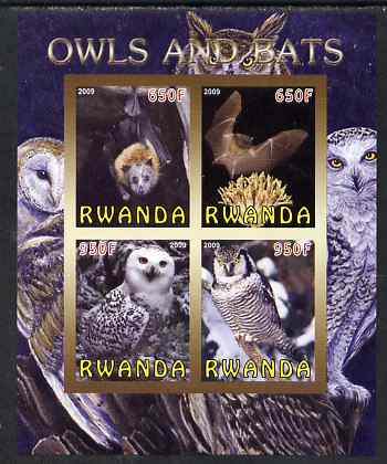 Rwanda 2009 Owls & Bats imperf sheetlet containing 4 values unmounted mint, stamps on , stamps on  stamps on birds, stamps on  stamps on birds of prey, stamps on  stamps on owls, stamps on  stamps on bats, stamps on  stamps on mammals