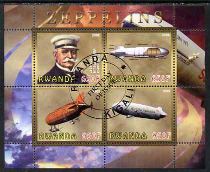 Rwanda 2009 Zeppelins perf sheetlet containing 4 values fine cto used, stamps on personalities, stamps on aviation, stamps on airships, stamps on zeppelins
