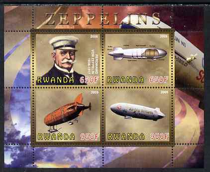 Rwanda 2009 Zeppelins perf sheetlet containing 4 values unmounted mint, stamps on personalities, stamps on aviation, stamps on airships, stamps on zeppelins