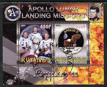 Rwanda 2009 Apollo Lunar Landing Missions - Apollo 11 perf sheetlet containing 2 values fine cto used, stamps on space, stamps on apollo, stamps on kennedy, stamps on eagles