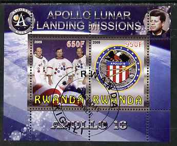Rwanda 2009 Apollo Lunar Landing Missions - Apollo 16 perf sheetlet containing 2 values fine cto used, stamps on space, stamps on apollo, stamps on kennedy, stamps on eagles