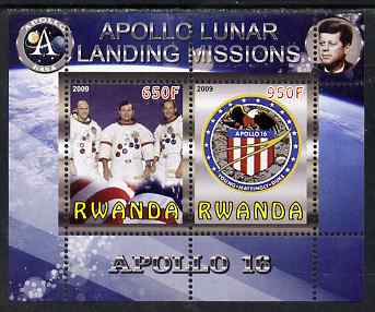 Rwanda 2009 Apollo Lunar Landing Missions - Apollo 16 perf sheetlet containing 2 values unmounted mint, stamps on space, stamps on apollo, stamps on kennedy, stamps on eagles