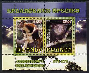 Rwanda 2009 Endangered Species - Tree Kangaroo & Aye Aye (Lemur) perf sheetlet containing 2 values unmounted mint, stamps on animals, stamps on kangaroos, stamps on lemurs, stamps on apes