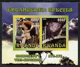 Rwanda 2009 Endangered Species - Tree Kangaroo & Aye Aye (Lemur) imperf sheetlet containing 2 values unmounted mint, stamps on animals, stamps on kangaroos, stamps on lemurs, stamps on apes