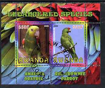 Rwanda 2009 Endangered Species - Oratrix & Red-Crowned Parrot perf sheetlet containing 2 values fine cto used, stamps on birds, stamps on parrots