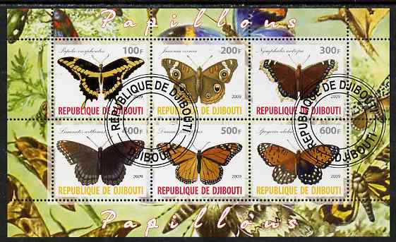 Djibouti 2009 Butterflies perf sheetlet containing 6 values fine cto used, stamps on butterflies