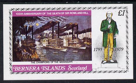 Bernera 1979 Rowland Hill (Ships - Mississippi Paddle Steamers) imperf souvenir sheet (Â£1 value) unmounted mint, stamps on postal   ships     rowland hill