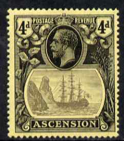 Ascension 1924-33 KG5 Badge 4d grey-black & black on yellow single with variety Bottom vignette frame line broken twice (stamp 24) mtd mint SG 15var, stamps on , stamps on  kg5 , stamps on  ships