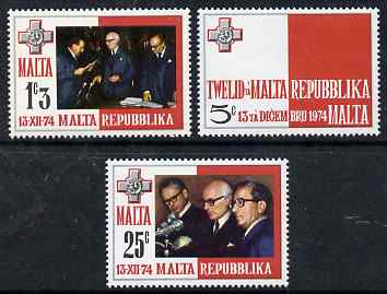 Malta 1975 Inauguration of Republic set of 3 unmounted mint, SG 536-8, stamps on constitutions, stamps on flags