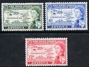 Antigua 1958 British Caribbean Federation set of 3 unmounted mint SG 135-7, stamps on maps