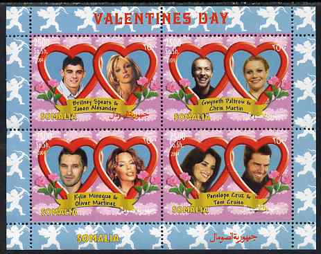 Somalia 2004 Valentines Day perf sheetlet containing 4 values unmounted mint, stamps on personalities, stamps on music, stamps on pops, stamps on rock, stamps on cinema, stamps on movies, stamps on films, stamps on women