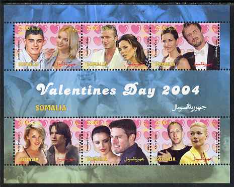Somalia 2004 Valentines Day perf sheetlet containing 6 values unmounted mint, stamps on personalities, stamps on music, stamps on pops, stamps on rock, stamps on cinema, stamps on movies, stamps on films, stamps on women, stamps on football