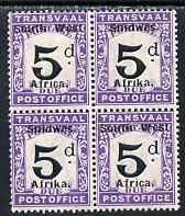 South West Africa 1927 Postage Due 5d black and violet block of 4 (2 se-tenant pairs) unmounted mint SG D33, stamps on 