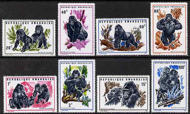 Rwanda 1970 Gorillas of the Mountains perf set of 8 unmounted mint, SG 369-76, stamps on animals, stamps on apes, stamps on gorillas