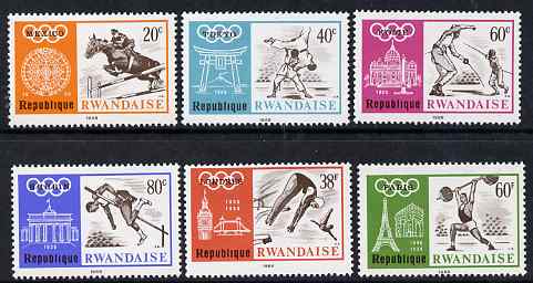 Rwanda 1966 Mexico Olympic Games (2nd issue) perf set of 6 unmounted mint, SG 271-6, stamps on , stamps on  stamps on olympics, stamps on  stamps on weights, stamps on  stamps on high jump, stamps on  stamps on horse jumping, stamps on  stamps on diving, stamps on  stamps on weight lifting, stamps on  stamps on judo, stamps on  stamps on fencing, stamps on  stamps on martial arts, stamps on  stamps on 