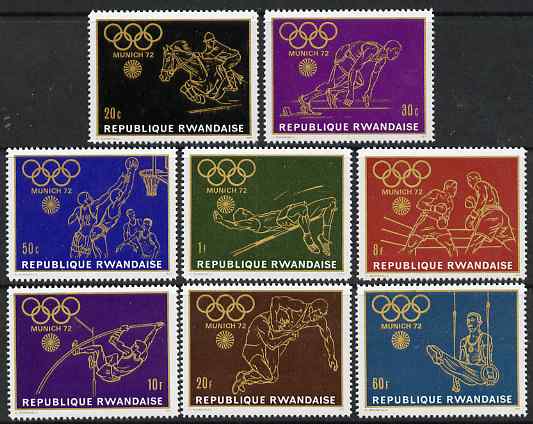 Rwanda 1971 Munich Olympic Games (1st issue) perf set of 8 values unmounted mint, SG 424-31, stamps on olympics, stamps on horses, stamps on running, stamps on basketball, stamps on high jump, stamps on pole vault, stamps on pole, stamps on wrestling, stamps on horse jumping, stamps on gymnastics, stamps on boxing