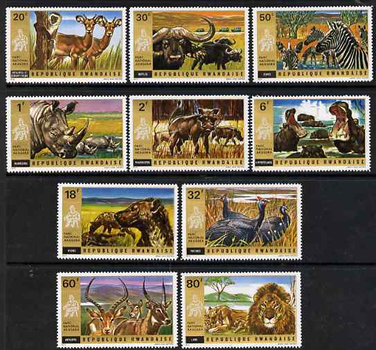 Rwanda 1972 Akagera National Park perf set of 10 unmounted mint, SG 456-65, stamps on animals, stamps on apes, stamps on impala, stamps on buffalo, stamps on bovine, stamps on rhinos, stamps on zebra, stamps on hippos, stamps on lions, stamps on cats, stamps on national parks