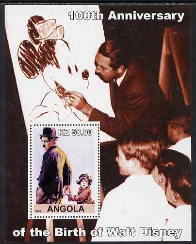 Angola 2002 Birth Centenary of Walt Disney #05 perf s/sheet - Charlie Chaplin & Disney drawing Mickey Mouse unmounted mint, stamps on personalities, stamps on movies, stamps on films, stamps on disney, stamps on cinema, stamps on chaplin, stamps on entertainments, stamps on comedy