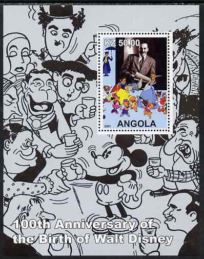 Angola 2001 Birth Centenary of Walt Disney #03 perf s/sheet - Disney & charactures incl Charlie Chaplin, unmounted mint, stamps on personalities, stamps on movies, stamps on films, stamps on disney, stamps on cinema, stamps on chaplin, stamps on entertainments, stamps on comedy