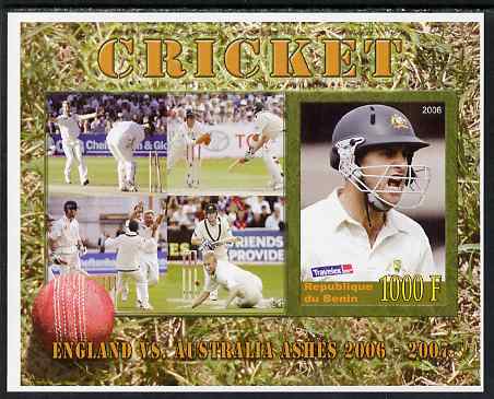 Benin 2006 Cricket (England v Australia Ashes series) imperf m/sheet #1 unmounted mint. Note this item is privately produced and is offered purely on its thematic appeal, stamps on , stamps on  stamps on sport, stamps on  stamps on cricket