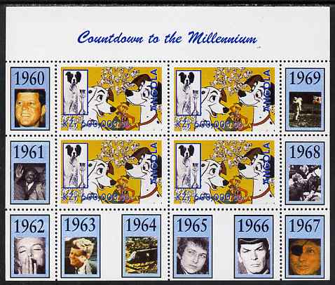 Angola 1999 Countdown to the Millennium #07 (1960-1969) perf sheetlet containing 4 values featuring Scene from 101 Dalmations unmounted mint. Note this item is privately ..., stamps on personalities, stamps on films, stamps on cinema, stamps on entertainments, stamps on elvis:kennedy, stamps on dogs, stamps on marilyn monroe, stamps on space, stamps on apollo, stamps on pops, stamps on disney, stamps on millennium, stamps on judaica, stamps on  spy , stamps on 