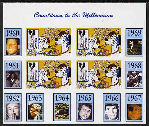 Angola 1999 Countdown to the Millennium #07 (1960-1969) imperf sheetlet containing 4 values featuring Scene from 101 Dalmations unmounted mint. Note this item is privatel..., stamps on personalities, stamps on films, stamps on cinema, stamps on entertainments, stamps on elvis:kennedy, stamps on dogs, stamps on marilyn monroe, stamps on space, stamps on apollo, stamps on pops, stamps on disney, stamps on millennium, stamps on judaica, stamps on  spy , stamps on 