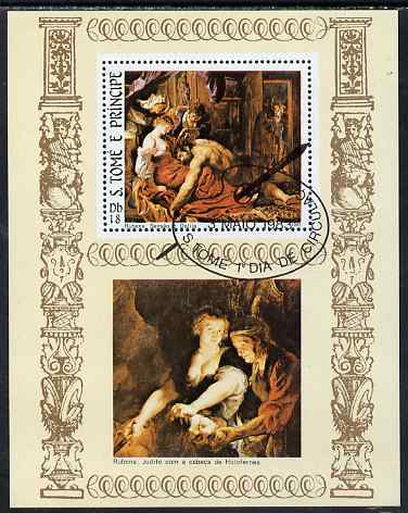St Thomas & Prince Islands 1983 Paintings by Rubens - Samson & Delilah perf s/sheet fine cto used, stamps on arts, stamps on rubens