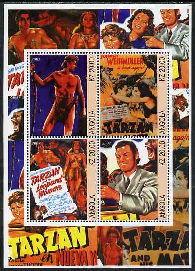 Angola 2002 Tarzan perf sheetlet containing 4 values unmounted mint. Note this item is privately produced and is offered purely on its thematic appeal, stamps on personalities, stamps on movies, stamps on films, stamps on cinema