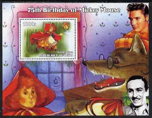Benin 2003 75th Birthday of Mickey Mouse - Little Red Riding Hood #03 (also shows Elvis & Walt Disney) perf m/sheet unmounted mint, stamps on personalities, stamps on movies, stamps on films, stamps on cinema, stamps on fairy tales, stamps on elvis