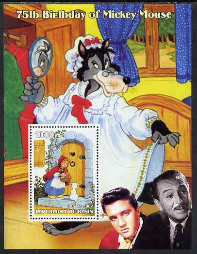 Benin 2002 75th Birthday of Mickey Mouse - Little Red Riding Hood #01 (also shows Elvis & Walt Disney) perf m/sheet unmounted mint, stamps on personalities, stamps on movies, stamps on films, stamps on cinema, stamps on fairy tales, stamps on elvis, stamps on disney