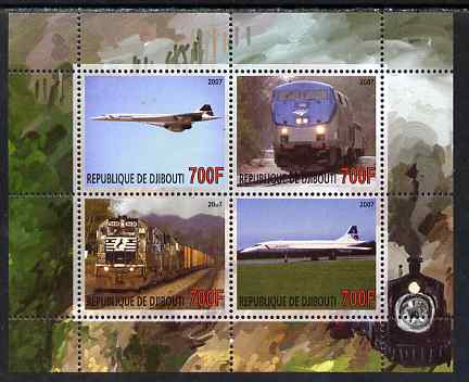 Djibouti 2007 Railways & Concorde #2 perf sheetlet containing 4 values unmounted mint. Note this item is privately produced and is offered purely on its thematic appeal, stamps on railways, stamps on aviation, stamps on concorde