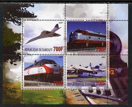 Djibouti 2007 Railways & Concorde #3 perf sheetlet containing 4 values unmounted mint. Note this item is privately produced and is offered purely on its thematic appeal, stamps on railways, stamps on aviation, stamps on concorde
