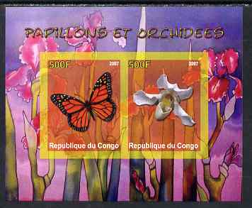 Congo 2007 Butterflies & Orchids #1 imperf sheetlet containing 2 values unmounted mint. Note this item is privately produced and is offered purely on its thematic appeal, stamps on butterflies, stamps on orchids, stamps on flowers