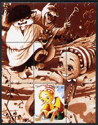 Turkmenistan 2000 Pinocchio perf s/sheet #2 unmounted mint. Note this item is privately produced and is offered purely on its thematic appeal, stamps on , stamps on  stamps on personalities, stamps on  stamps on movies, stamps on  stamps on cinema, stamps on  stamps on films, stamps on  stamps on cartoons