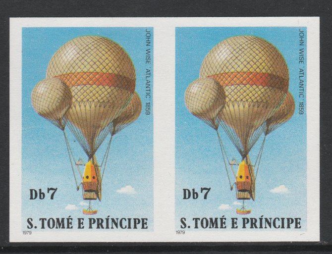St Thomas & Prince Islands 1980 Balloons 7Db (John Wise) imperforate pair on ungummed paper (ex archive proof sheet), stamps on aviation    balloons