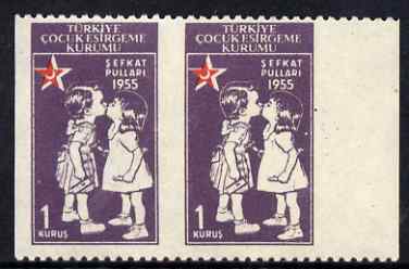 Turkey 1955 Postal Tax Child Welfare 1k marginal horiz pair with vertical perfs omitted unmounted mint, stamps on , stamps on  stamps on red cross, stamps on  stamps on medical, stamps on  stamps on children