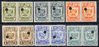 Peru 1934 Essay proof pairs for 10c, 20c, 25c, 1s, 2s & 5s in various colours (inscribed LEY 7622) each with Waterlow & Sons security puncture, with gum but some with adhesion from being mounted in printer's archive., stamps on 