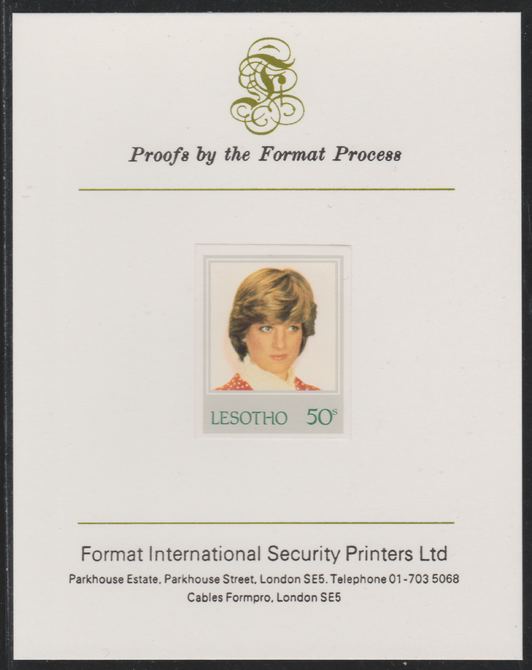 Lesotho 1982 Princess Diana's 21st Birthday 50c imperf mounted on Format International Proof Card, as SG515, stamps on royalty, stamps on diana