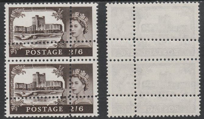 Great Britain 1963 Castles (Multiple Crown wmk) 2s6d vertical pair with perforations doubled (stamps are quartered) an attractive and interesting modern forgery, unmounted mint. Note: the stamps are genuine but the additional perfs are a slightly different gauge identifying it to be a forgery., stamps on castles